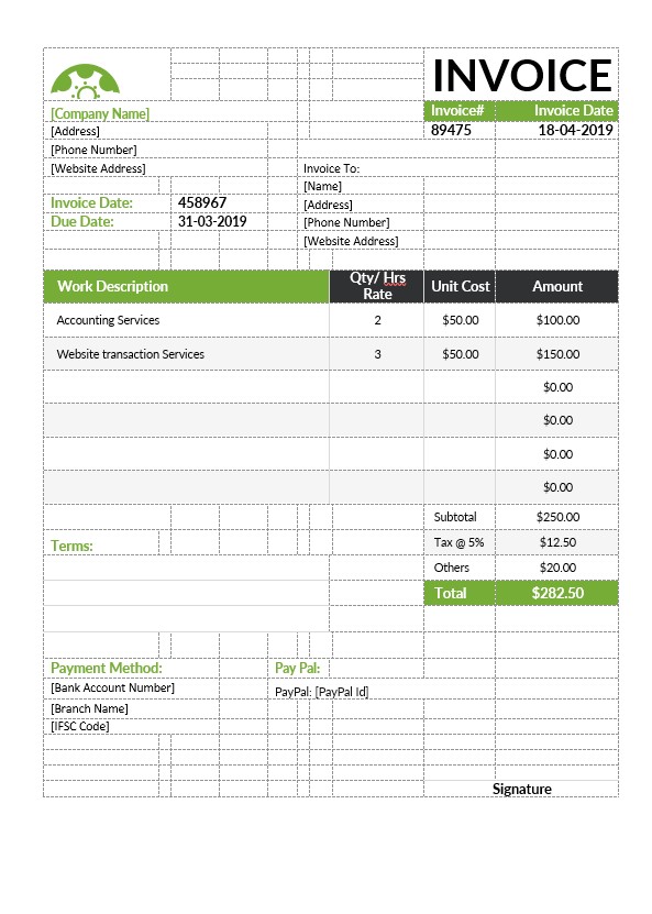 Sample Hourly Invoice Template PSD template
